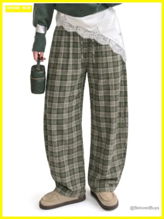 Pants - Flannel Barrel Pants Plaid Wide Leg Drawstring Lounge Trousers
